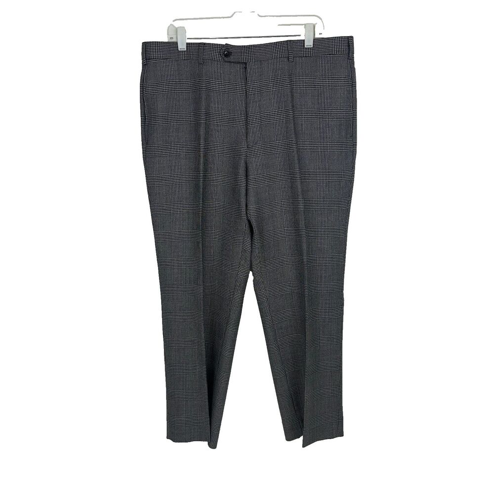 Paul Fredrick Mens Dress Pants Wool 38 x 28 Black White Glen Plaid Flat Front